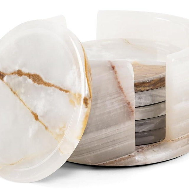 Marble Coasters Set of 6 White Onyx 3.5 Inch Round Coaster for Drinks with Holder, Drink Coaster for Tabletop & Coffee Table Decor, Ideal Home Decor