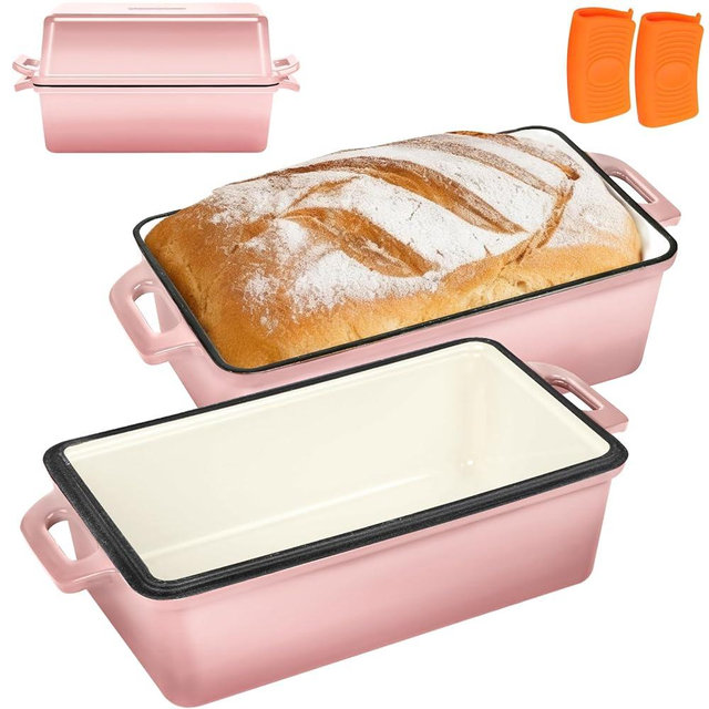 Wildone Enameled Cast Iron Bread Loaf Pan with Lid, 9x5 Sourdough Baking Pans for Homemade Bread, Cake, Meatloaf, Even Heating Bread Pans, 2-Piece Set, Pink