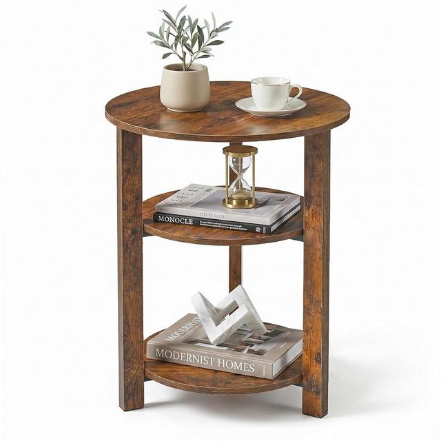 Farmhouse 3-Tier Round Side Table, 17.7*21.7inch End Table with Open Storage Shelf, Circular Nightstand Accent Table for Living Room, Bedroom,Wooden Table for Narrow and Small Spaces,Rustic Brown