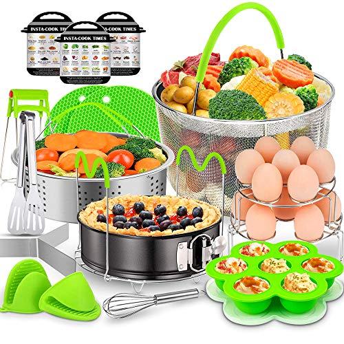 18 Pcs Accessories for Instant Pot, EAGMAK 6, 8 Qt Pressure Cooker Accessories - 2 Steamer Baskets, Non-stick Springform Pan, Egg Bites Mold, Egg Rack, Steamer Trivet, Egg Beater, Oven Mitts (Green)