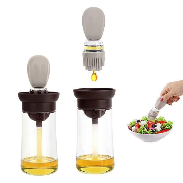 WOBILOO Glass Olive Oil Dispenser Bottle With Silicone Brush 2 In 1, Silicone Dropper Measuring Oil Dispenser Bottle for Kitchen Cooking, Frying, Baking, BBQ Pancake, Air Fryer, Marinating (1 pack) (BROWN)