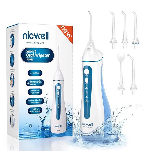 Water Dental Flosser Cordless for Teeth - Nicwell 4 Modes Dental Oral Irrigator, Portable and Rechargeable IPX7 Waterproof Powerful Battery -Water Teeth Cleaner Picks for Home＆Travel