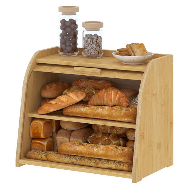 Kitsanery Bread Box for Kitchen Countertop, Bamboo Bread Storage, Double-Layer Roll-Top Bread Container, Farmhouse Bread Holder for Homemade Bread