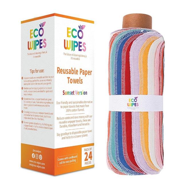 ECOWIPES 24 Pcs Reusable Paper Towels – Cloth Paper Towels Made from 100% Cotton for High Absorbency: Washable Napkins for Daily Use Come with a Cardboard Roll, (Sunset)