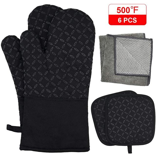 KEGOUU Oven Mitts and Pot Holders 6pcs Set, Kitchen Oven Glove High Heat Resistant 500 Degree Extra Long Oven Mitts and Potholder with Non-Slip Silicone Surface for Cooking (Black)