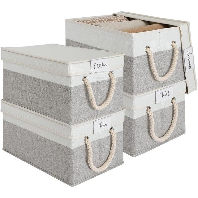 LoforHoney Home Fabric Storage Bins with Lids for Organizing, Foldable Storage Boxes with Lids for Shelves, Clothes Baskets with Cotton Rope Handles, Closet Storage Bins, Large, Beige & Gray, 4-Pack