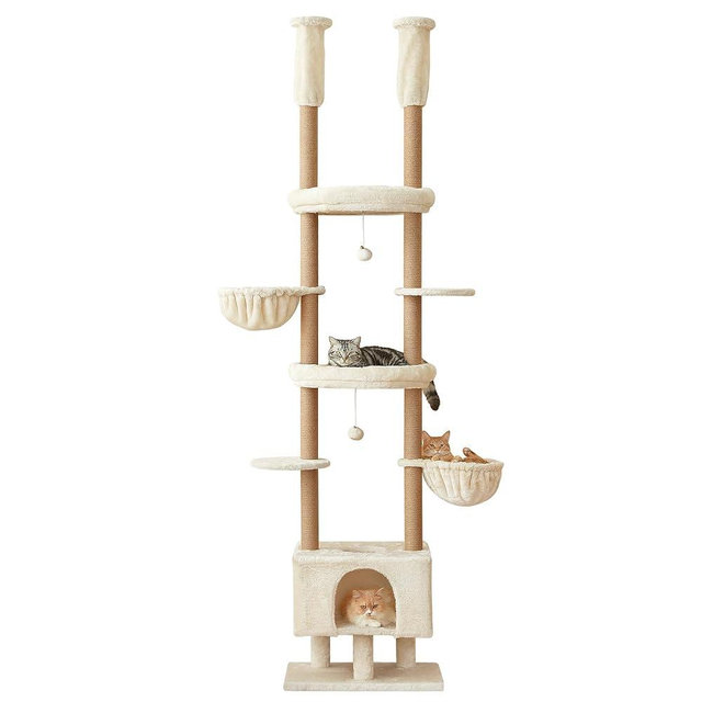 Furcato Cat Tree, Floor to Ceiling Cat Tower Adjustable Height [92-102 in=234-258cm], 7 Tiers Cat Climbing Play House with Fully Sisal Scratching Post, Cozy Condo & Hammocks for Indoor Cats, Beige