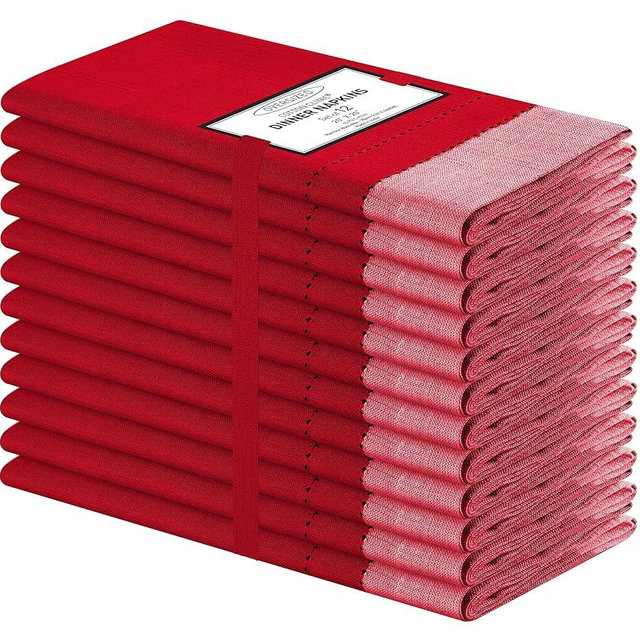 Cotton Clinic Set of 12 Hemstitch Cloth Napkins 100% Cotton 20X20 inches - Ultra Soft Absorbent Restaurant Hotel Quality - Cocktail Napkins Wedding Dinner Napkins - Washable Cloth Napkins Red