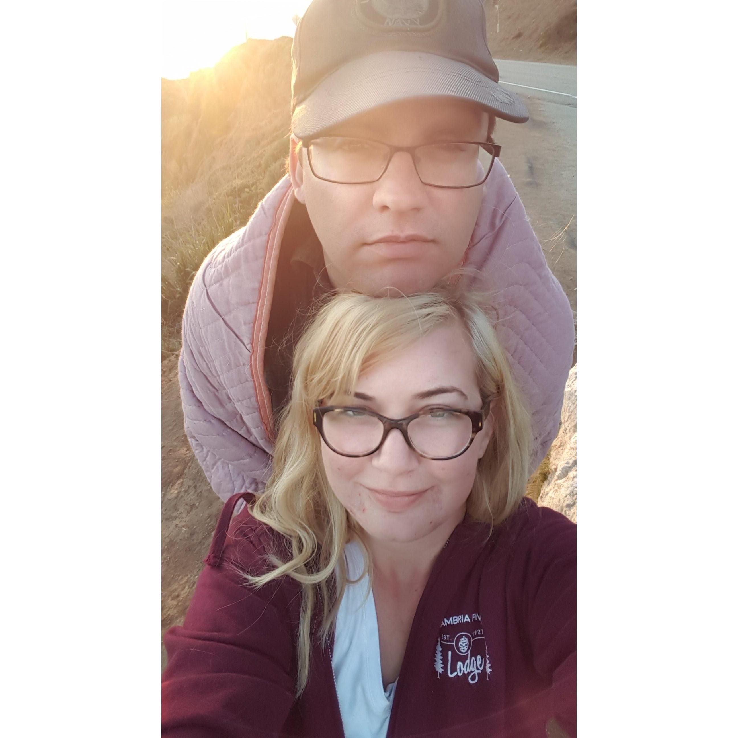 Bixby Bridge, wearing the army hat he found at our first bonfire, and my grand father's Bekins blanket.