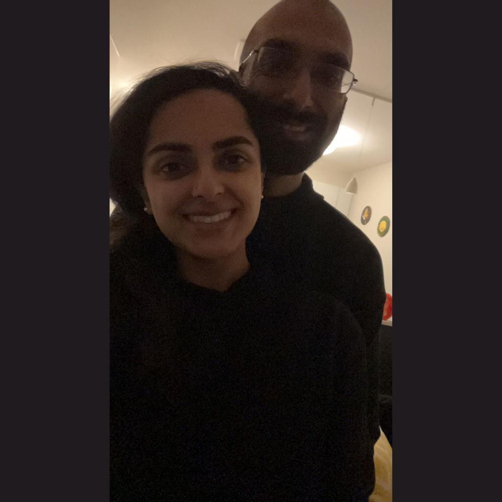 Fall 2023:Our first photo together! The beginning of our relationship involved a lot
of Toledo to Ann Arbor trips for coffee study sessions, cooking, and movie nights,
and this was from one evening :)