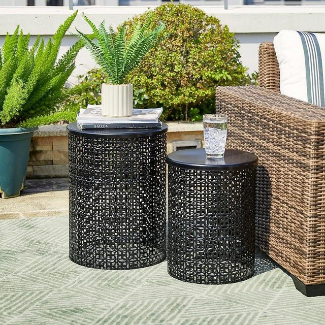 Glitzhome Outdoor Side Table Set of 2, Decorative Garden Stool for Indoor Outdoor Heavy Duty Metal Frame Accent Table Modern End Table, Glossy Black