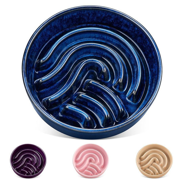 vancasso Slow Feeder Dog Bowl, 1.5 Cup Ceramic Slow Feeding Food Dish for Small and Medium Breed, Puzzle Dog Food Bowl for Fast Eater, Blue