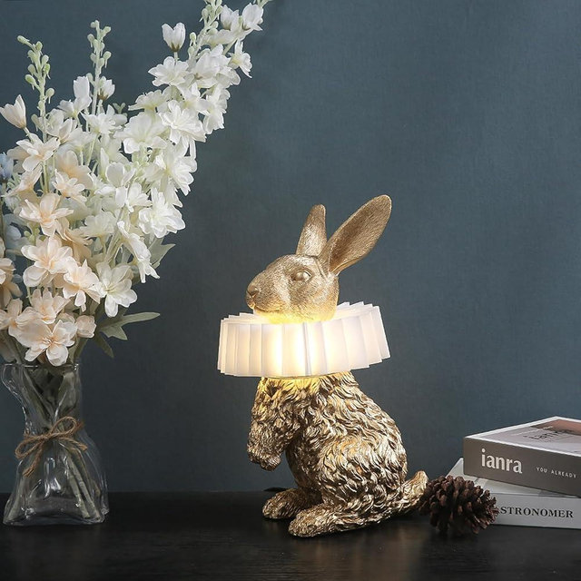 LAZHUG Scarf Rabbit Table Lamp,Resin Crafted Gold Bunny Lamp Featuring White Pleated PC Lampshade,USB Plug,Energy-Efficient Nightstand Lamp (Gold Standing)