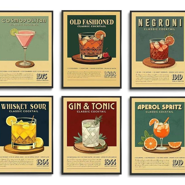 Fetyiu Retro Cocktail Poster Vintage Bar Wall Art Prints Decor Set of 6 Funky Bar Cart Aesthetic Picture Colorful Preppy Canvas Painting for Dining Room Kitchen 8x10in Unframed