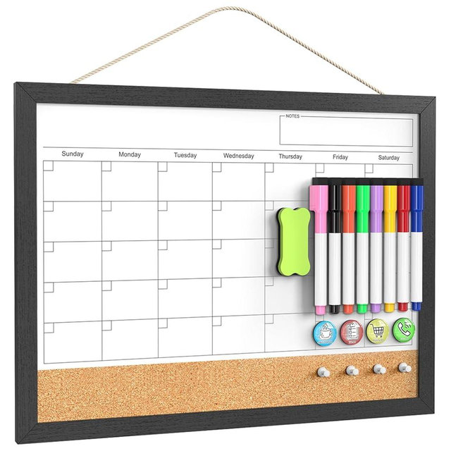 Dry Erase Calendar for Wall, 17x13 Inches Calendar Whiteboard for Wall, Small Magnetic White Board Corkboard with Wood Framed, Hanging Dry Erase Board for Kitchen Home Office School Planner