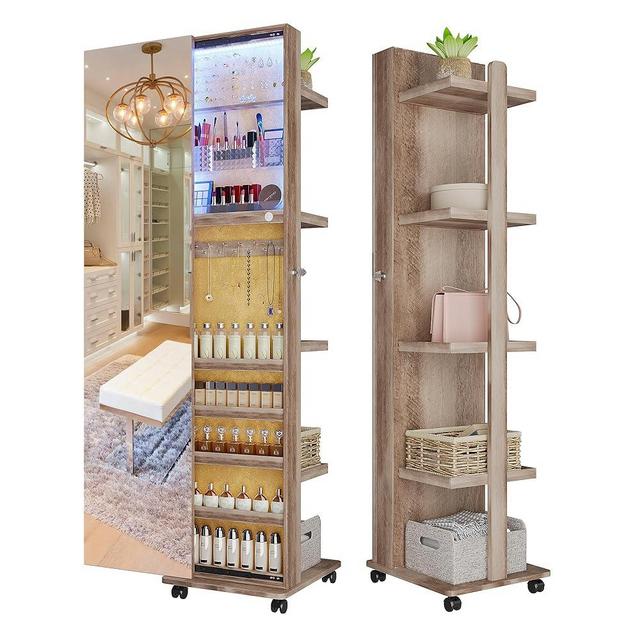 OUTDOOR DOTI 360° Swivel Jewelry Armoire with 3-Color LED,Lockable Jewelry Cabinet with Slidable Full Length Mirror, Free Standing Jewelry Organizer with 5-tier Storage Shelf for Cloakroom