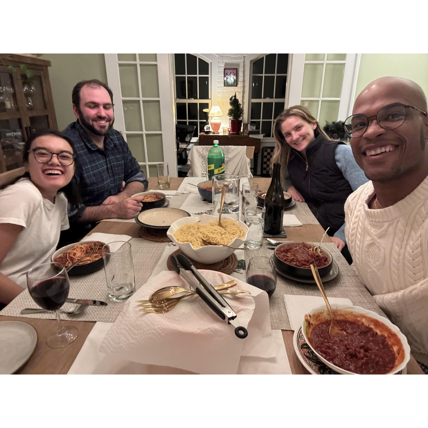 Dinner with Jeni and Jamal enjoying Peter's famous Bolognese spaghetti