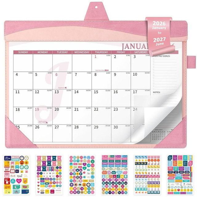 Ospelelf Desk Calendar 2026-2027 with Storage Pocket Protective Cover Large 12"x17" Leather Monthly Wall Planner Pad 18 Months January 2026 - June 2027 Pink