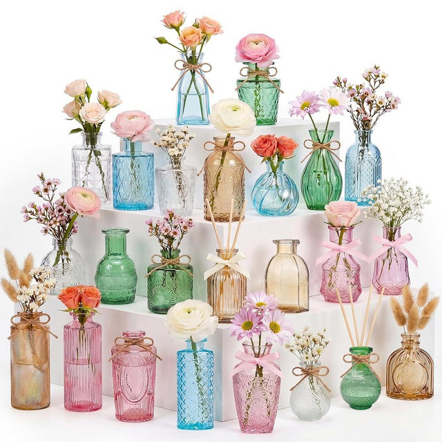 24Pcs Bulk Colored Glass Bud Vase Set,Embossed Mini Small Vintage Flower Vases with Jute Twine & Ribbons for Wedding Centerpieces,Home Table Decor,Party,Birthday Gift (Clear,Pink,Amber,Blue,Green)