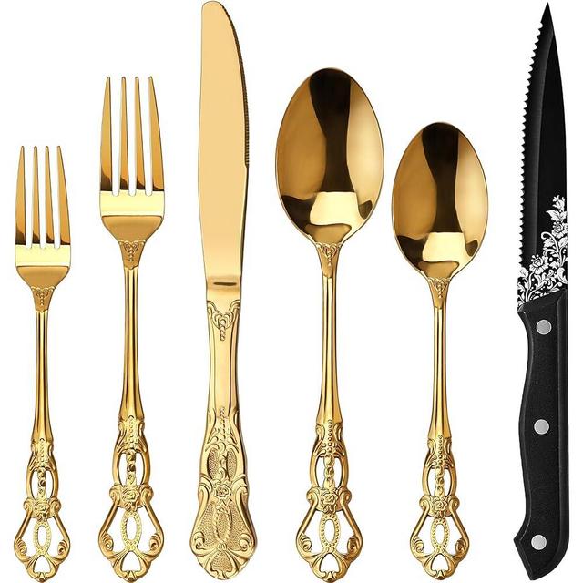 Runfly Retro Royal Gold 48 Pieces Flatware Set, Gorgeous Golden Silverware Set For 8, Anti-rust Stainless Steel dark Cutlery Set Utensils Including Fork Spoon and Knife
