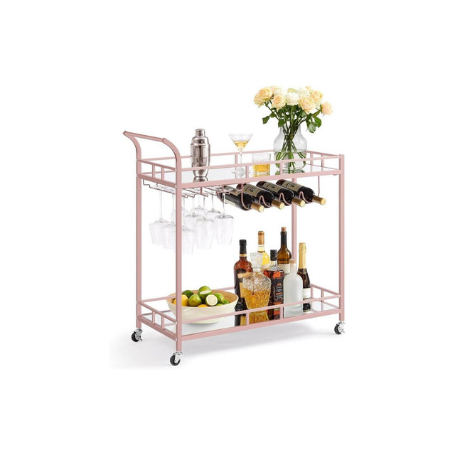 VASAGLE Bar Cart, Home Bar Serving Cart, Wine Cart with 2 Mirrored Shelves, Wine Holders, Glass Holders, for Kitchen, Dining Room, Rose Gold