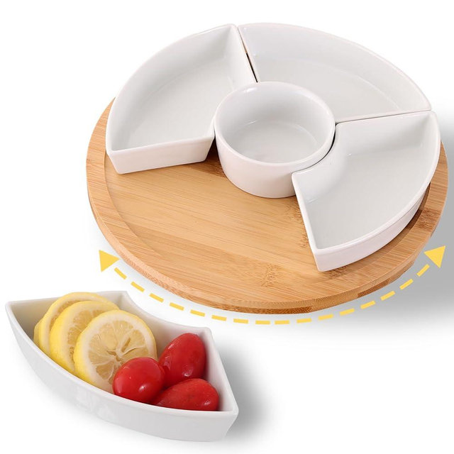 Serving Tray, Ceramic Chip and Dip Serving Set, Divided Serving Tray with 360° Rotatable Lazy Susan, Serving Platters and Trays with 5 Removable Snacks Bowls for Veggies, Nuts, Fruits and Snacks