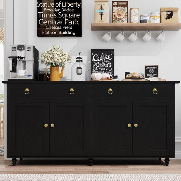 4 EVER WINNER Buffet Cabinet with Storage, 55" Sideboard Buffet Cabinet with Drawers and Doors, Coffee Bar Cabinet with Storage Wood Kitchen Buffet Storage Cabinet, Living Dining Room Cabinet, Black