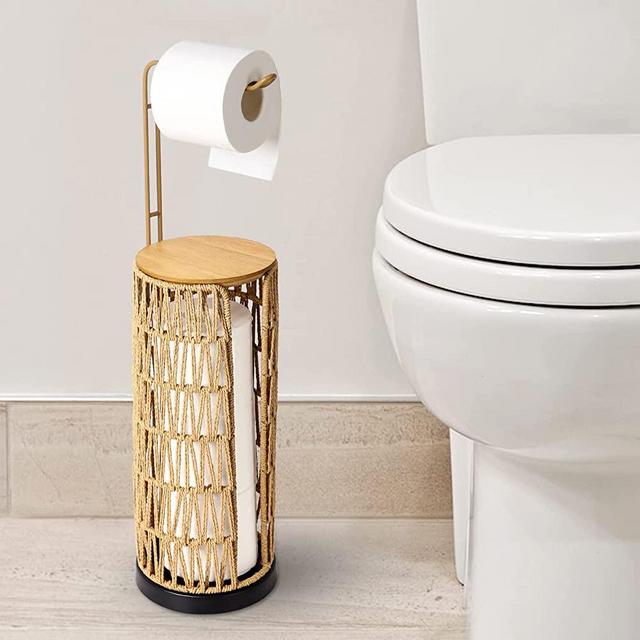Freestanding Toilet Paper Holder with Storage,3 Rolls of Tissue Holder for Bathroom,Handmade Woven Toilet Paper Roll Holder Stand ,Rattan Sturdy Boho Bathroom Decor Farmhouse Toilet Paper Storage
