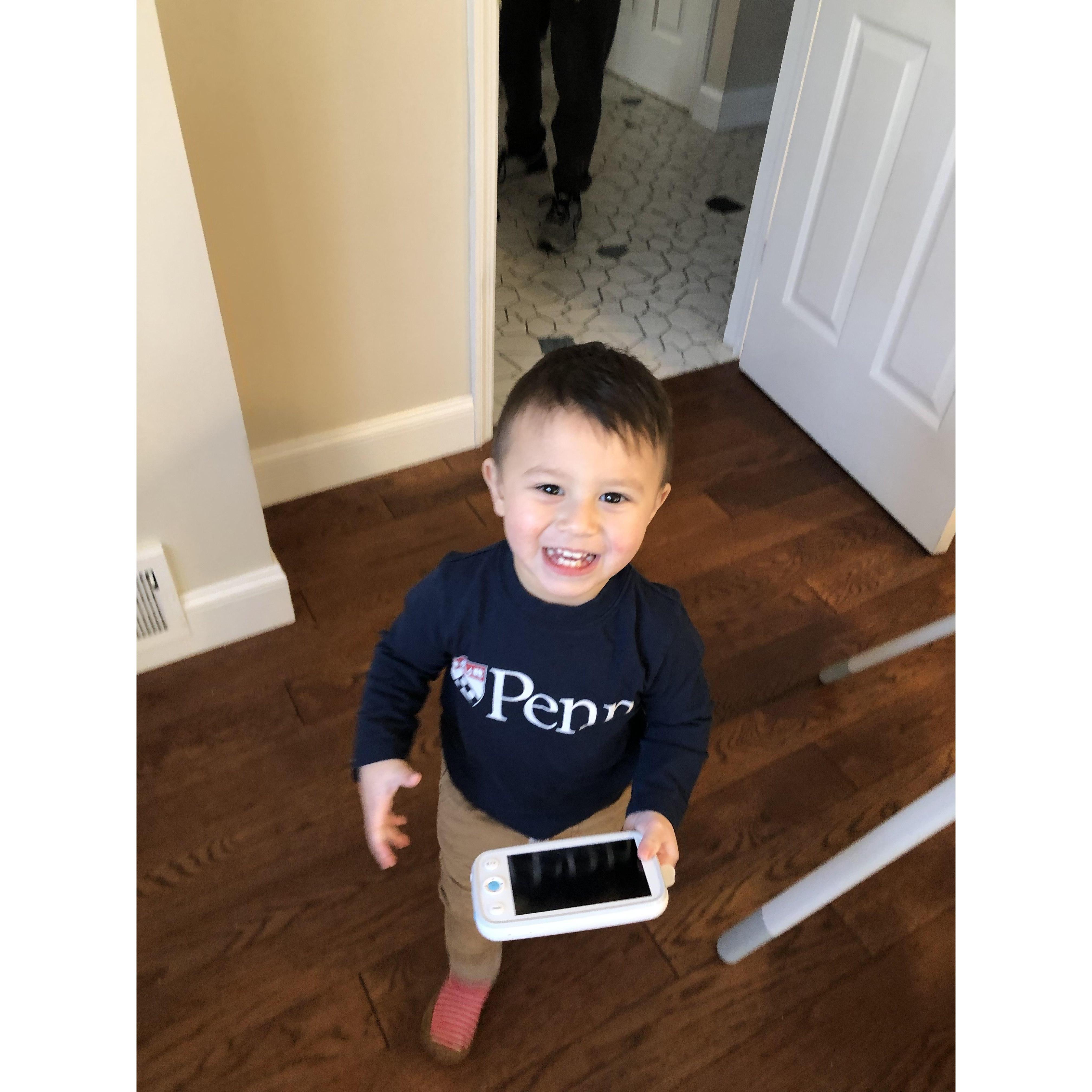 Our first son's name is Aaron James.  This photo was taken on my father-in-law's birthday this past February.  Aaron is 19 months.