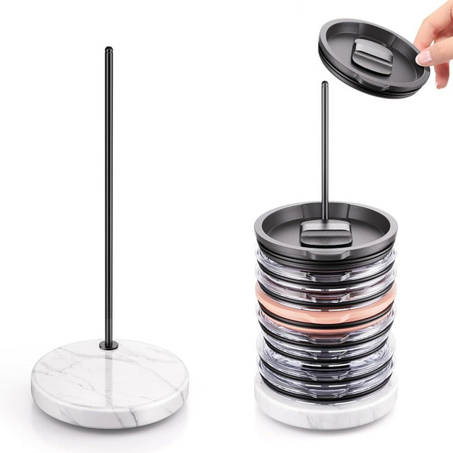 Stainless Tumbler Lid Organizer with Marble Base for Stanley Cup/Yeti Lid,Space-saving Vertical Cup Lid Stacker Storage Design for Up to 10 Lids,Clutter-Free Kitchen Cabinets and Countertops (Black)