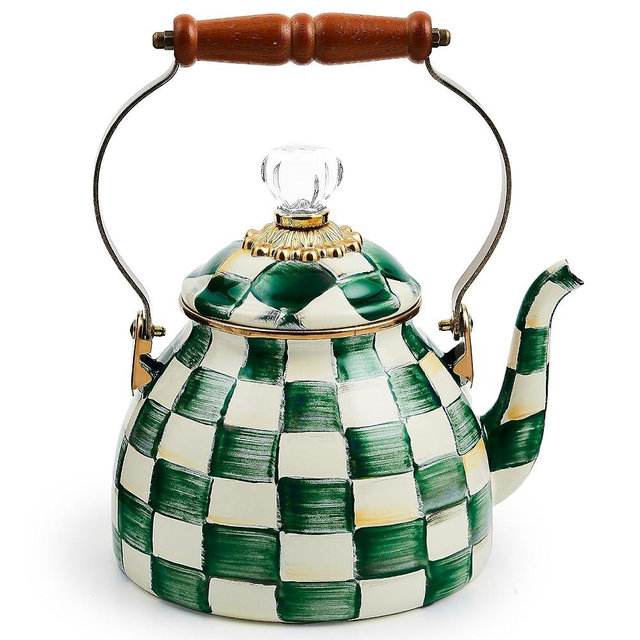 MACKENZIE-CHILDS Enamel Tea Kettle, Stylish Tea Kettle for Stovetop, Green-and-White Emerald Check, 2 Quarts