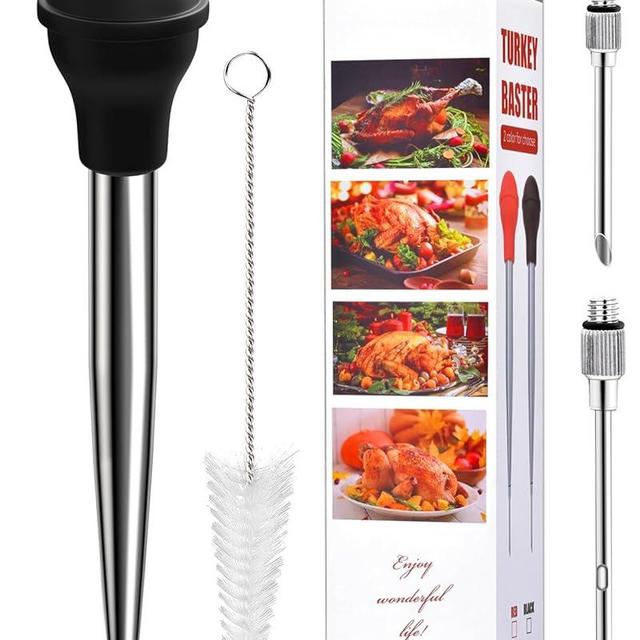 Turkey Baster Long, ARRITZ Stainless Steel Baster For Cooking with Cleaning Brush, 2 Baster Syringe Needles (Black)