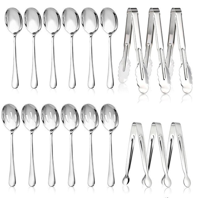 Mwellewm 18Pcs Serving Utensils, Serving Spoons for Buffet, Serving Tongs for Food, Large Slotted Spoons, Stainless Steel Banquet Cutlery Set for Parties Weeding Birthday Entertaining Catering(Silver)