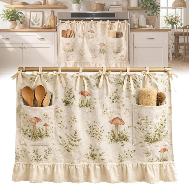 ARTLOX Oven Skirt Curtain with Pockets, Handmade Oven Skirts, Modern Farmhouse Kitchen Decor, Ribbon Ties, Tabs & Ruffled Trim, for Dishwashers, Washing Machines & Ranges, Hide Clutter (#C)