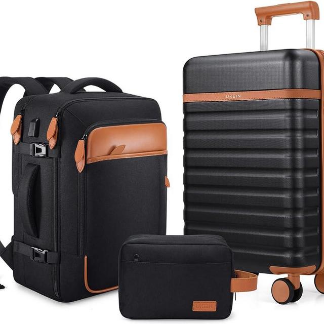 UKEIN Luggage Sets 3 Piece, Carry On Luggage 20 Inch With Spinner Wheels,PC Hardside Suitcase Set with TSA Lock,Durable Carry On Suitcase With Travel Backpack for Men Women(Black Brown)