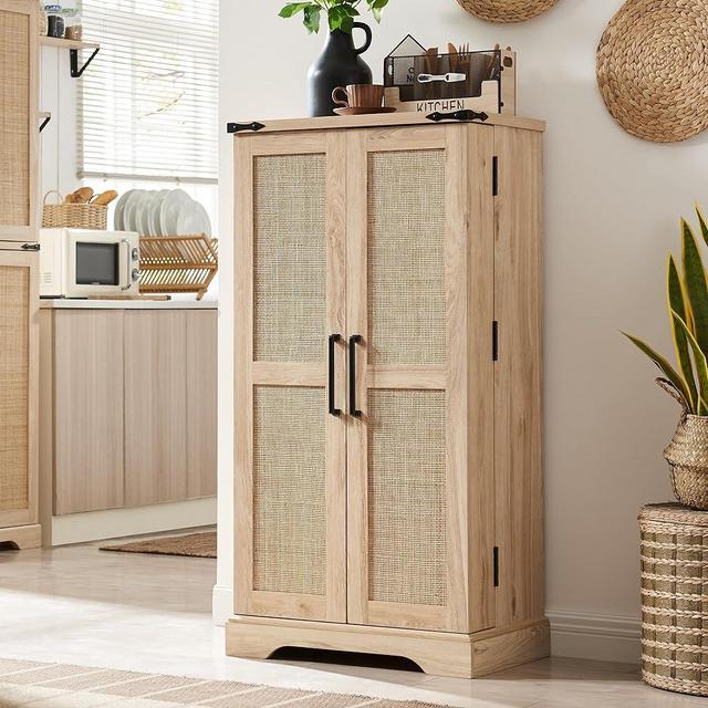 ACCOHOHO 47" Kitchen Pantry with Rattan Doors, Storage Cabinet with Organizer and Adjustable Shelves, Wood Cupboard for Kitchen, Dining Room, Bathroom and Hallway, Natural Oak