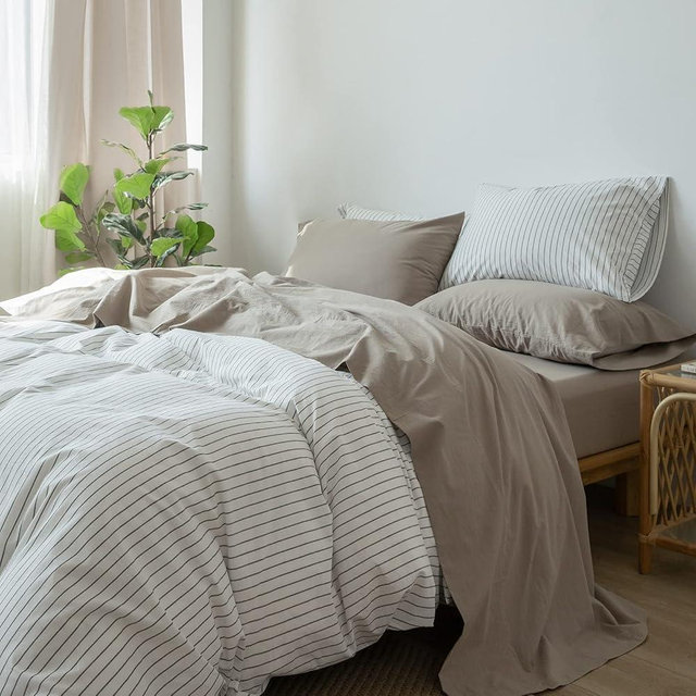 MooMee Bedding Sheet Set 100% Washed Cotton Linen Like Textured Breathable Durable Soft Comfy (New Mocha Brown, King)