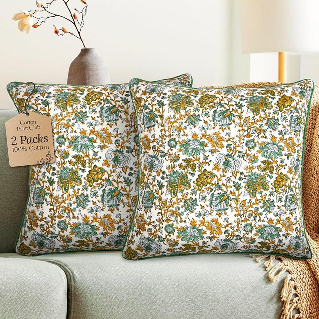 CPC 100% Cotton Throw Pillow Covers 18x18 Inch, Set of 2 Blue Block Print Pattern Couch Pillow, Cute Boho Decorative Pillows for Living Room, Bedroom with Hidden Zipper- Harvest Bloom