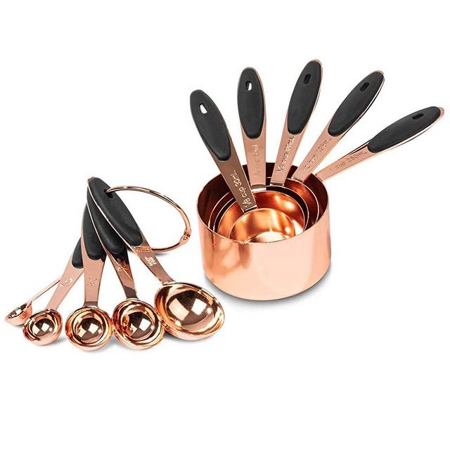 Akurn 10-Piece Measuring Cup and Spoon Set, Includes 5 Measuring Cups and 5 Measuring Spoons, Copper-Plated Stainless Steel Measuring Cups and Spoons with Non-Slip Silicone Grips, Dishwasher Safe