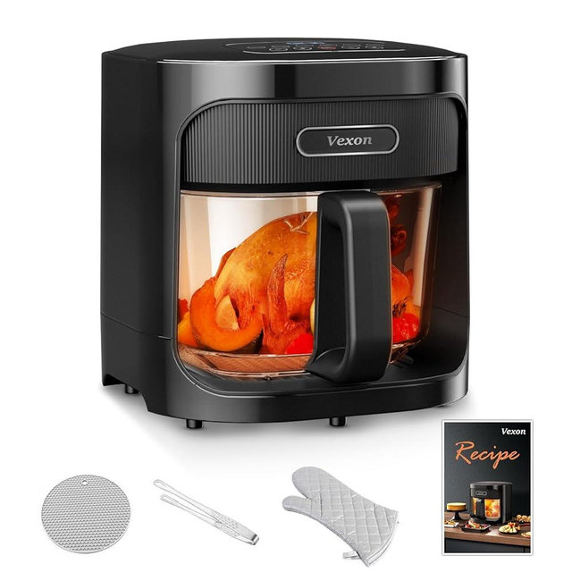 Vexon 4.5L Glass Air Fryer ，Clear Viewing Window ，Easy-to-Clean Basket ，Multiple Cooking Modes ，User-Friendly Digital Controls (Black)