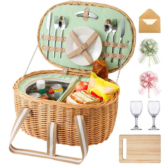 WeaveNove Picnic Basket for 2, Extra Large Wicker Picnic Basket Insulated, Handwoven Vintage Willow Picnic Set, 2 partitions, 8.4 Gal, Portable Camping, Outdoor, Couples Wedding Gifts, Date, Natural