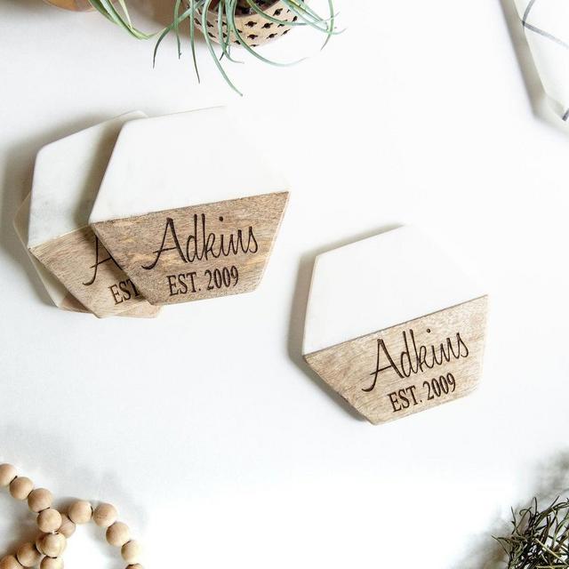 Personalized Coasters, Set of 4, Wood and Marble Coasters, Custom Coasters, Engraved Coasters, Housewarming Gift, Wedding Gift