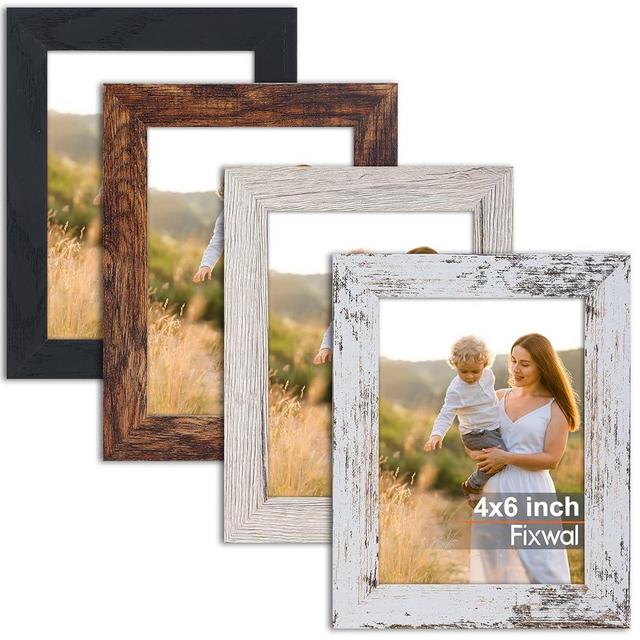 Fixwal 4x6 Picture Frame 4 Pack Distressed Vintage Farmhouse Wood Pattern Set, Display Pictures 3.5x5 with Mat or 4x6 Without Mat for Wall Decor or Table Display