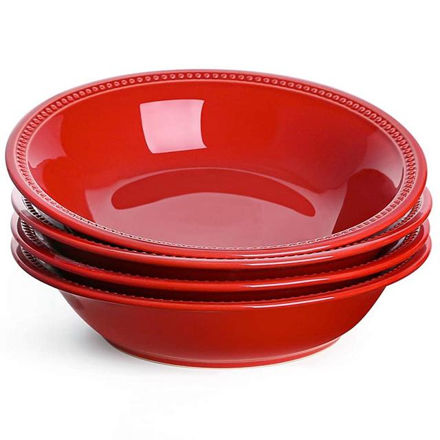 LE TAUCI 26 Ounce Beaded Pasta Bowls, Ceramic Bowl Set for Cereal, Salad, 9 Inch, Set of 4, Red