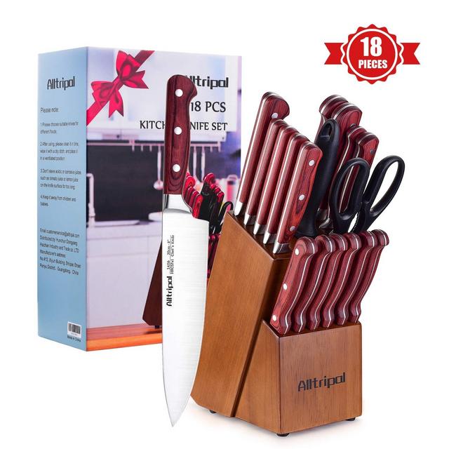 Knife Set, Premium 18-Piece Kitchen Knife Set with Block made of High Carbon German Stainless Steel with Knife Sharpener & 6 Steak Knives