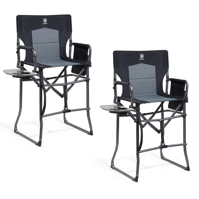 EVER ADVANCED 2 Piece Portable 30.7" Seat Height Tall Folding Camping Chair Directors Chair High with Side Table for Makeup Artist, Sports Event, Craft Show, Supports 350LBS Black Grey