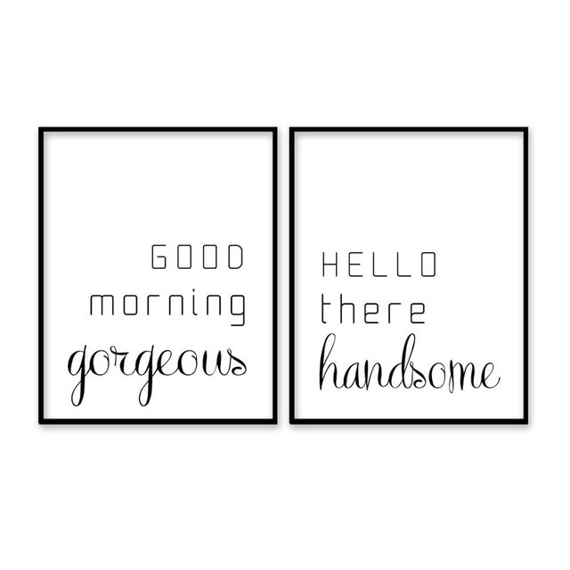 Good Morning Gorgeous Hello There Handsome Wall Art Decor, Set of 2 Unframed 8x10 Inch Pearl Paper Prints, Minimalist Black and White Couple Bedroom Signs, Anniversary Romantic Gift for Husband Wife