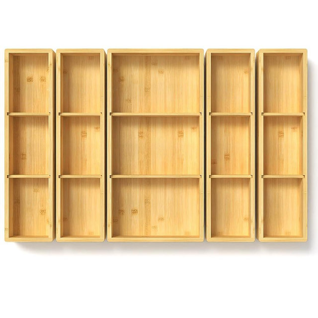 5 pieces Bamboo Drawer Organizer, Adjustable 3 Individual Junk Drawer organizer for Bathroom and Kitchen, Wood Drawer Organier Boxes for Jewellery, Make up and Tea Bag