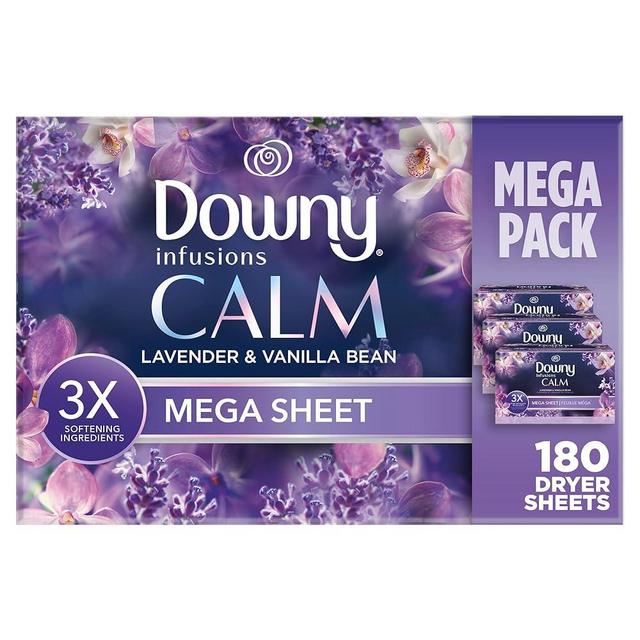 Downy Infusions Mega Dryer Sheets, Laundry Fabric Softener, CALM, Lavender and Vanilla Bean, 180 Count