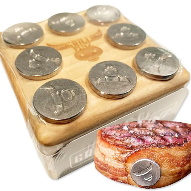 GRILL PINZ- Stainless Steel Reusable Food & Steak Markers- Attach & Combine Food While Grilling (Better Than Grill Skewers or Steak Picks) Made in USA - Pack of 8 Pinz with Hardwood Storage Block